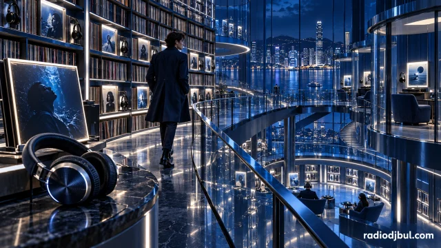 Müzik listeleri için tasarlanmış fütüristik keşif arşivi, elektrik mavisi ışıklar ve radiodjbul.com imzası.